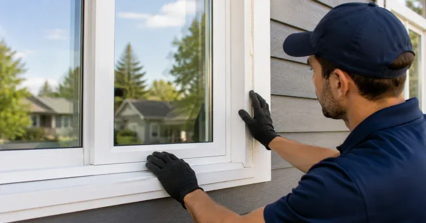 technician comparing full-frame and retrofit window replacement options in Springwater