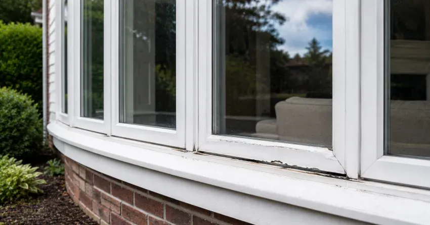 technician inspecting bow window frame and seal for damage in Springwater