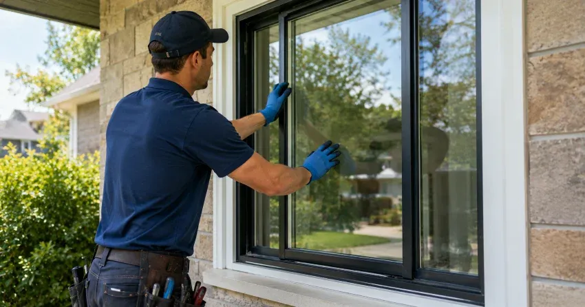 technician measuring a broken window pane for replacement in Elmvale, Springwater
