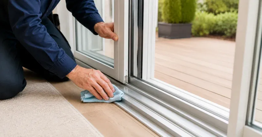 technician inspecting a sliding patio door track in Minesing, Springwater