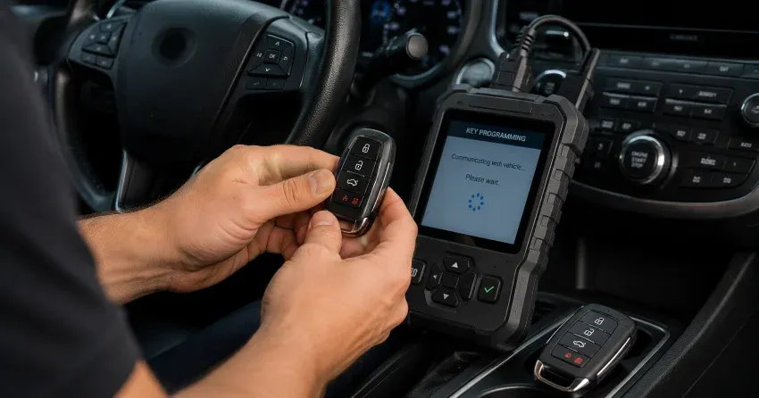 technician inspecting a worn car key before replacement in Springwater