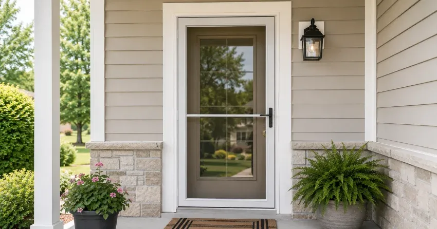 technician hanging storm door square and plumb in Elmvale, Springwater