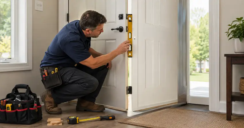 technician diagnosing a misaligned door frame in Minesing, Springwater