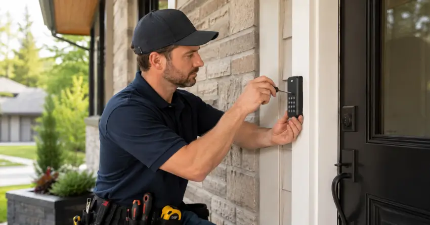 Technician installing an access control system keypad beside a residential front door in Springwater