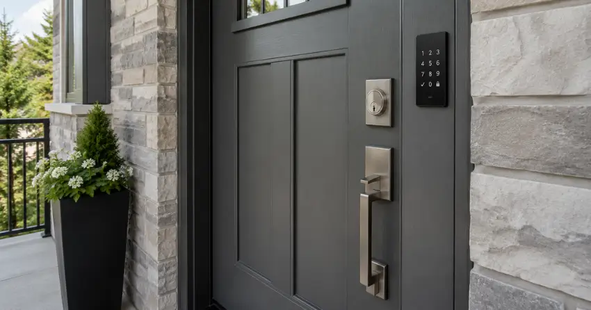High-security door hardware and access control keypad installed on a residential entry door in Springwater