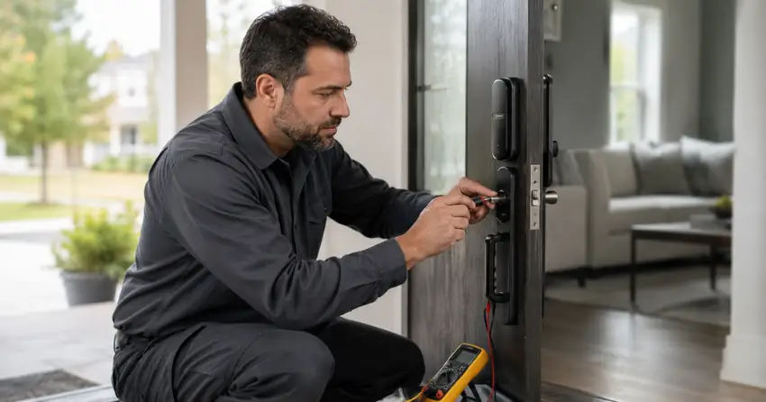technician diagnosing automatic door lock mechanism on residential door in Phelpston, Springwater