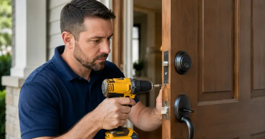 technician installing a new deadbolt during Change Door Lock Elmvale, Springwater service