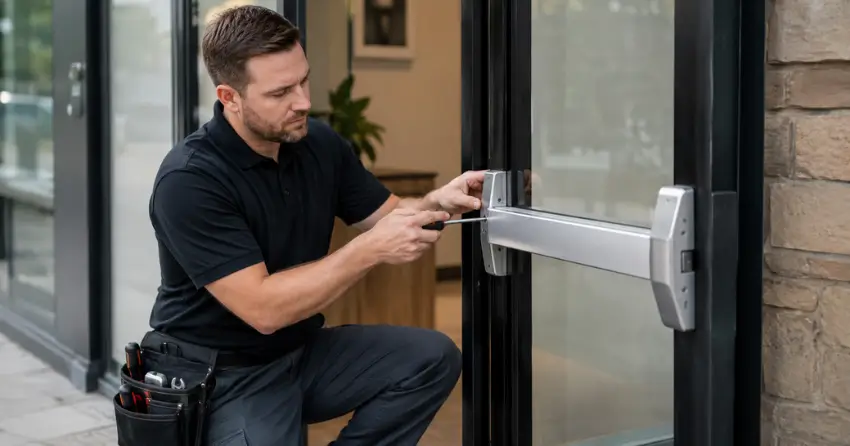 commercial locksmith repairing exit device on storefront door Minesing, Springwater