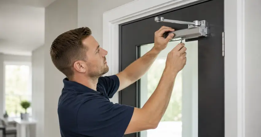 technician adjusting door closer hydraulic valve in Midhurst, Springwater home