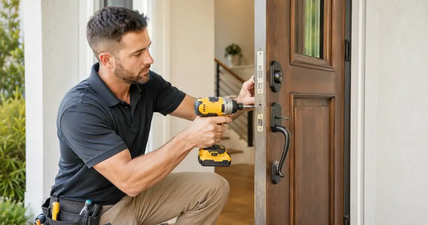locksmith installing new deadbolt lock on front door in Springwater