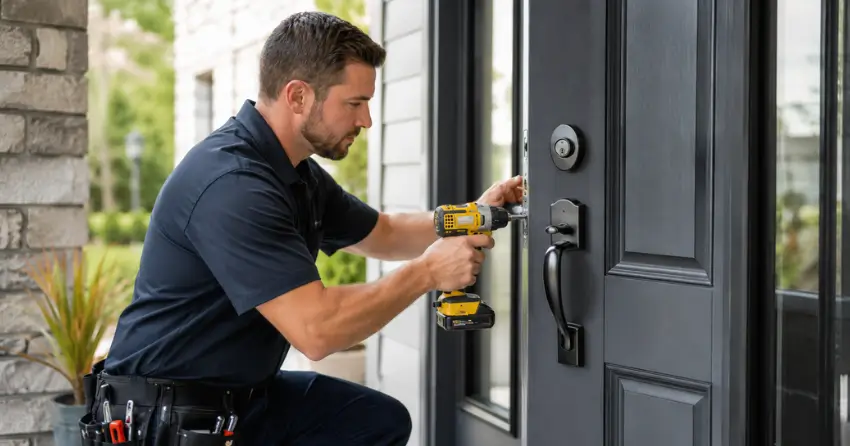 locksmith installing deadbolt lock on exterior door in Springwater
