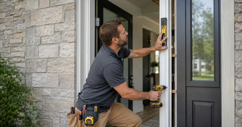 technician installing a new exterior door frame in Springwater