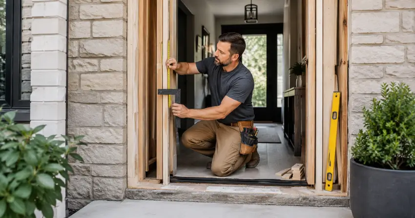 exterior door installer assessing rough opening in Springwater