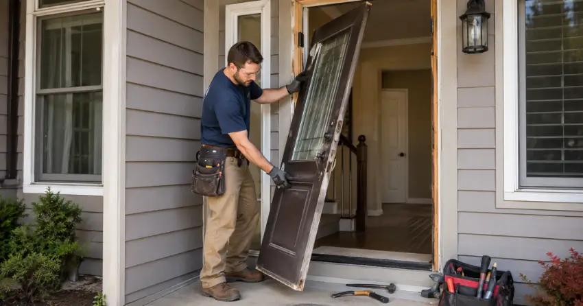 old exterior door being removed for replacement in Springwater