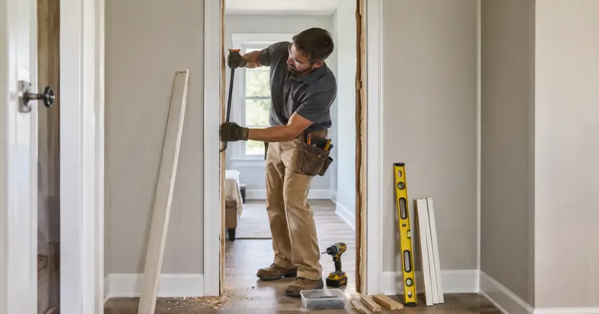 technician removing an old interior door frame during installation Springwater
