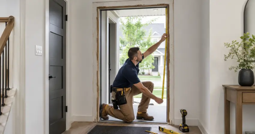 technician measuring a door frame before new door installation in Phelpston, Springwater