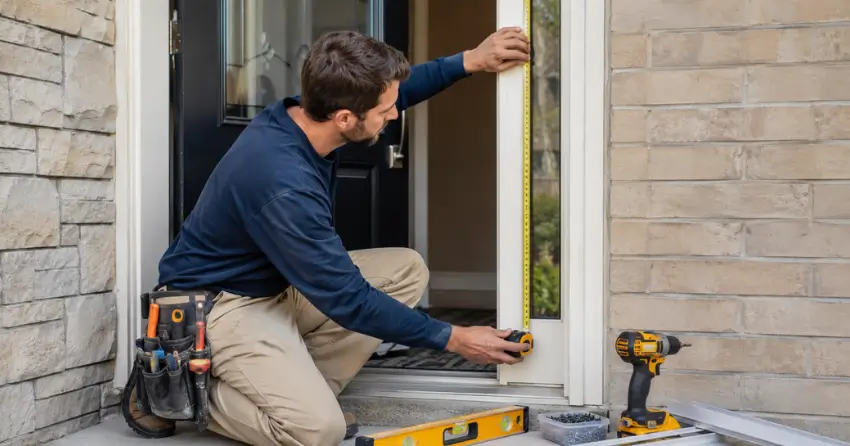 technician measuring door frame before storm door install in Phelpston, Springwater