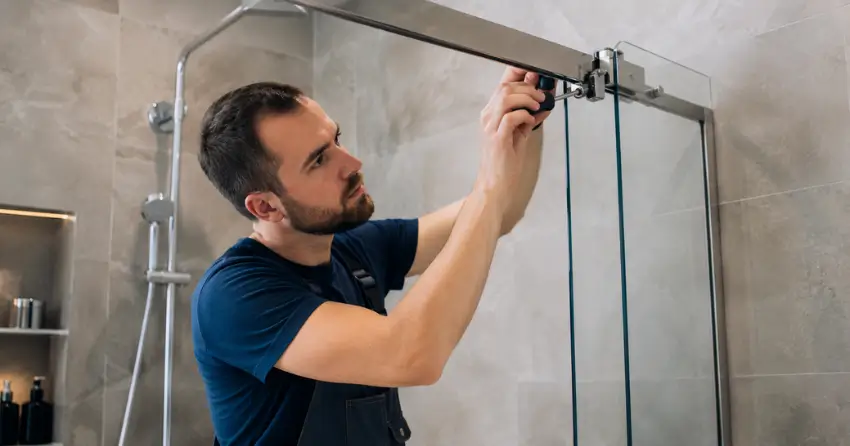 technician adjusting shower door hinge and track in Hillsdale, Springwater