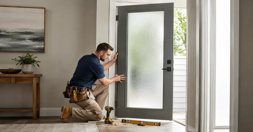 glass panel door installation with frosted privacy glass in residential setting in Elmvale, Springwater