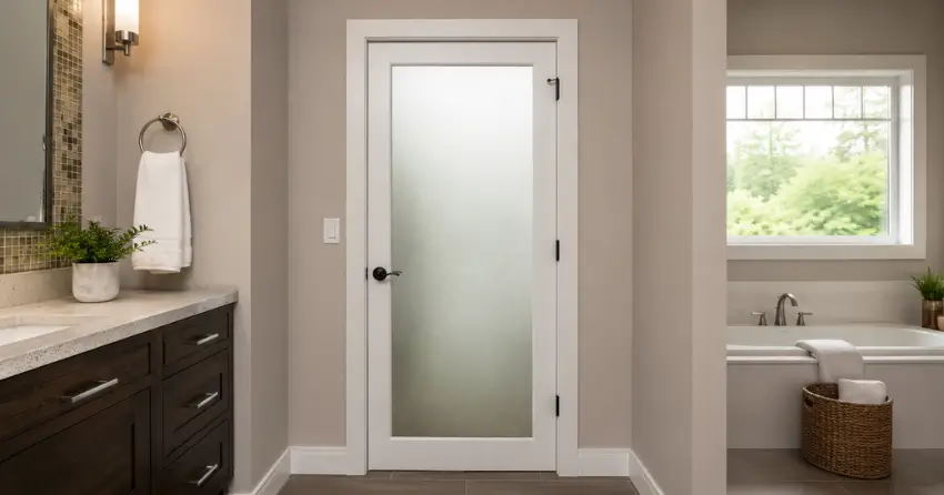 frosted glass panel bathroom door installed in a Minesing, Springwater home