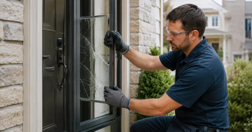 technician removing cracked storm door glass panel in Centre Vespra, Springwater