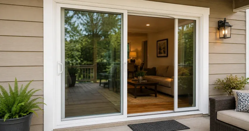 Patio Door Installation technician setting a new frame in Midhurst, Springwater