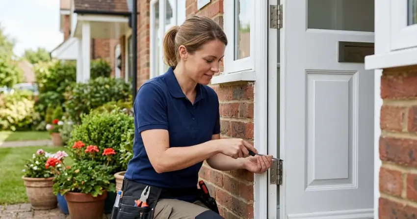 technician repairing exterior door hinge and frame in Phelpston, Springwater