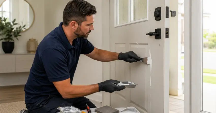 technician repairing fiberglass door surface crack in Orr Lake, Springwater