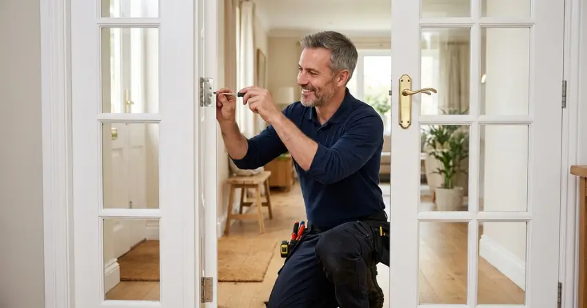 technician adjusting French door hinge for proper alignment in Phelpston, Springwater