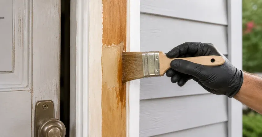 technician probing rotted wood on a door frame in Minesing, Springwater