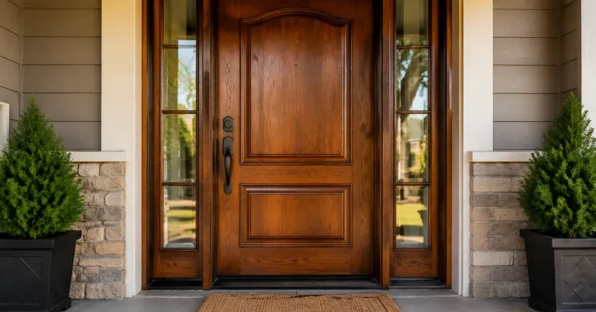wood door mid-restoration showing stripped bare wood in Minesing, Springwater