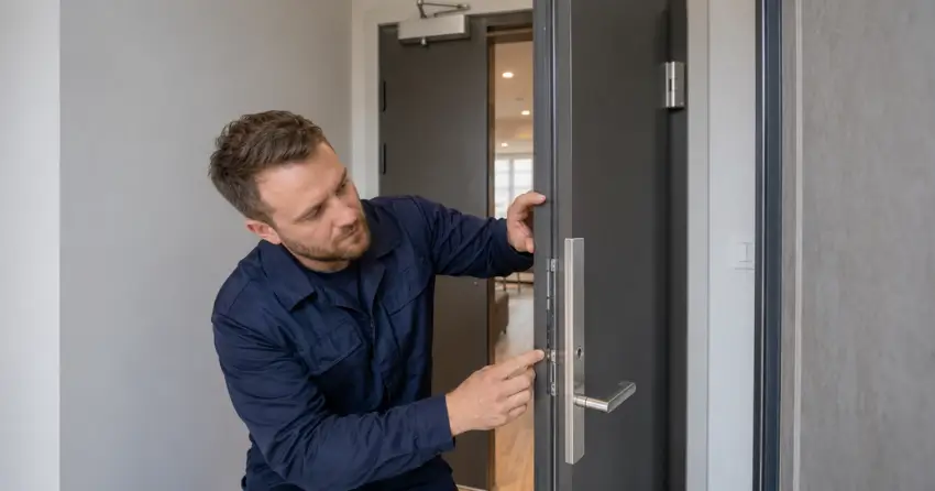 technician inspecting fire-rated door seal and hardware in Phelpston, Springwater