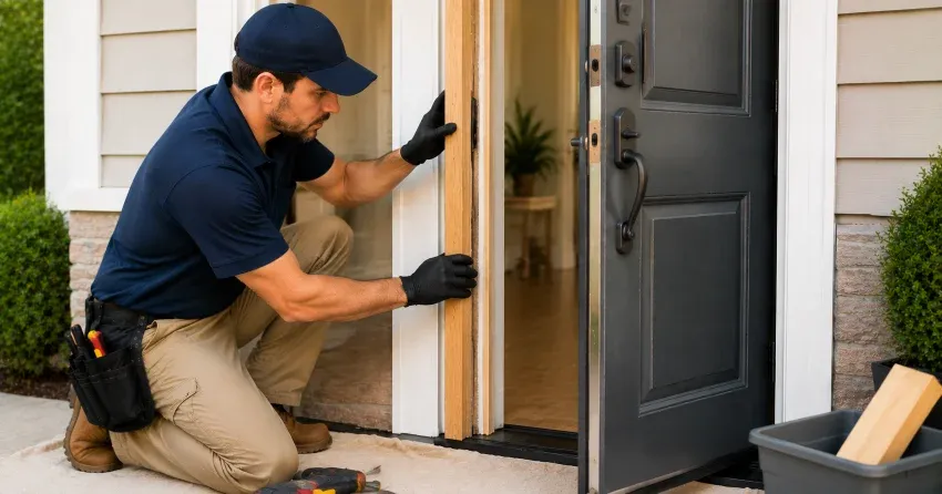 technician inspecting damaged door frame corner in Elmvale, Springwater