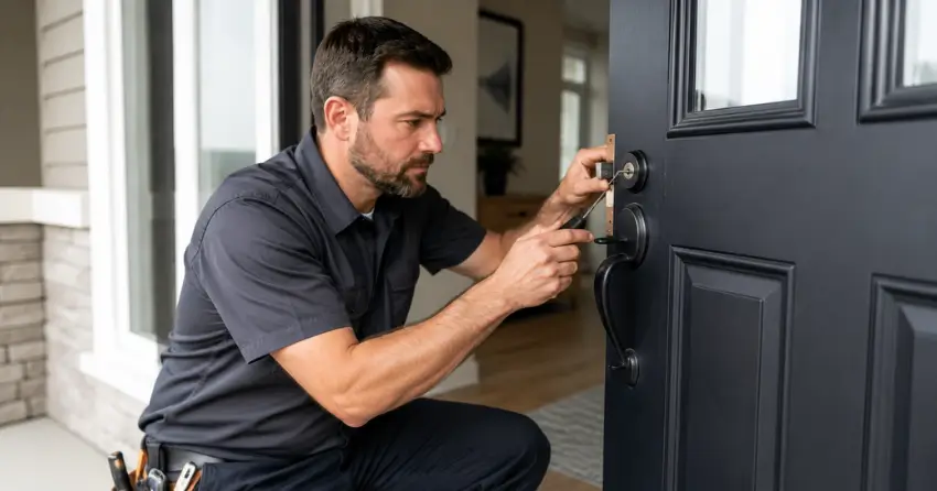 licensed locksmith technician working on residential deadbolt in Springwater