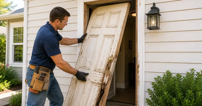 warped exterior door frame showing weather damage in Springwater