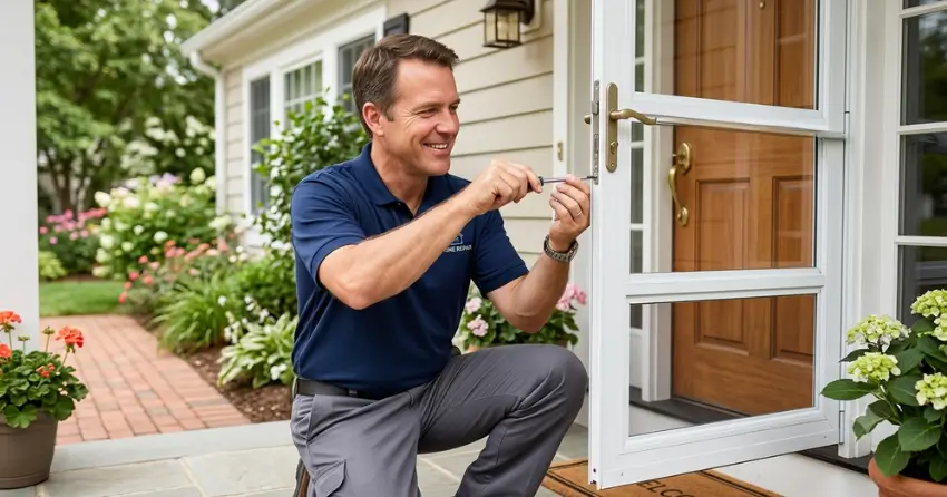 technician adjusting storm door hinge and closer in Phelpston, Springwater